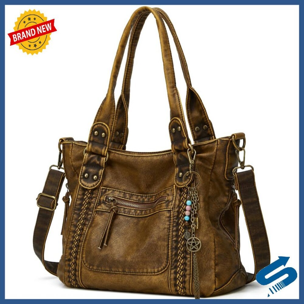 Large Vegan Leather Crossbody Tote Bag with 13 Pockets Multi-Wear Hobo